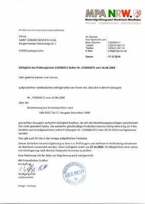 Prüfzeugnis - Schmelzpunkt 1000 C° Steinwolle & ULTIMATE
