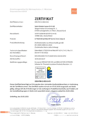 VDI 2055 Zertifikat - U TECH Wired Mat 6.0 X / X-X