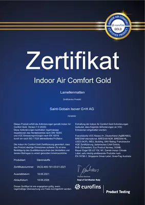 Eurofins Indoor Air Comfort Gold Zertifikat - ISOVER Lamellenmatten