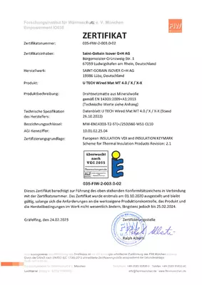 VDI 2055 Zertifikat - U TECH Wired Mat MT 4.0