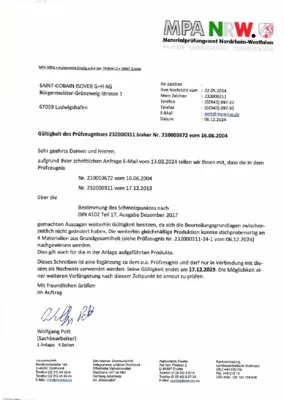 Prüfzeugnis - Schmelzpunkt 1000 C° Steinwolle & ULTIMATE