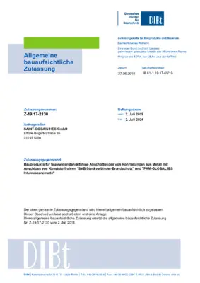 AbZ Rohrabschottung für Rohrleitungssysteme aus Metall- und Kunststoffrohren R90/R120 (Z-19.17-2130)